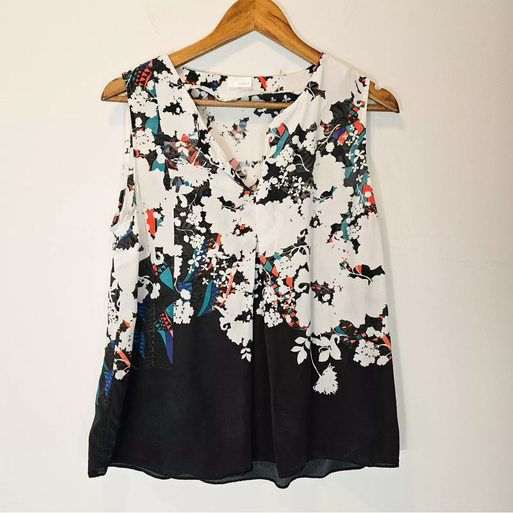 Ecru 100% Silk Danica Floral Sleeveless Blouse Top White and Black, S